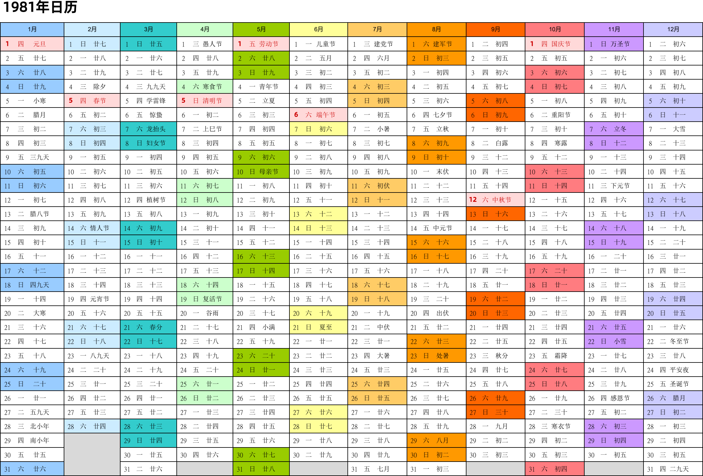 日历表1981年日历中文版带农历带节假日调休安排彩色系列- 模板[DF002] - 日历精灵